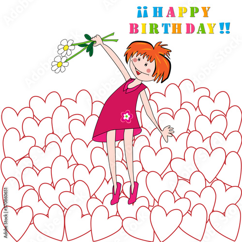 Felicitación de cumpleaños con niña y ramo de flores sobre corazones.
