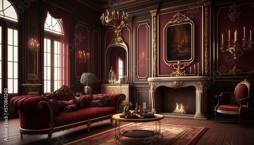 Interior of a luxury hotel suite. Baroque living room design. Contemporary home interior illustration. Gold and red themed. Generative AI. photo