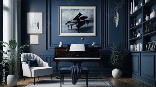 Modern dark blue themed office with a piano. Generative AI illustration. photo