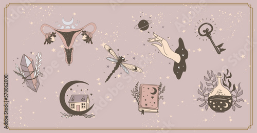Set of mystical female symbols for witch, tarot divination, halloween icons for design, womb, book, house, key. Vector magic boho banner, collection of flat illustrations.