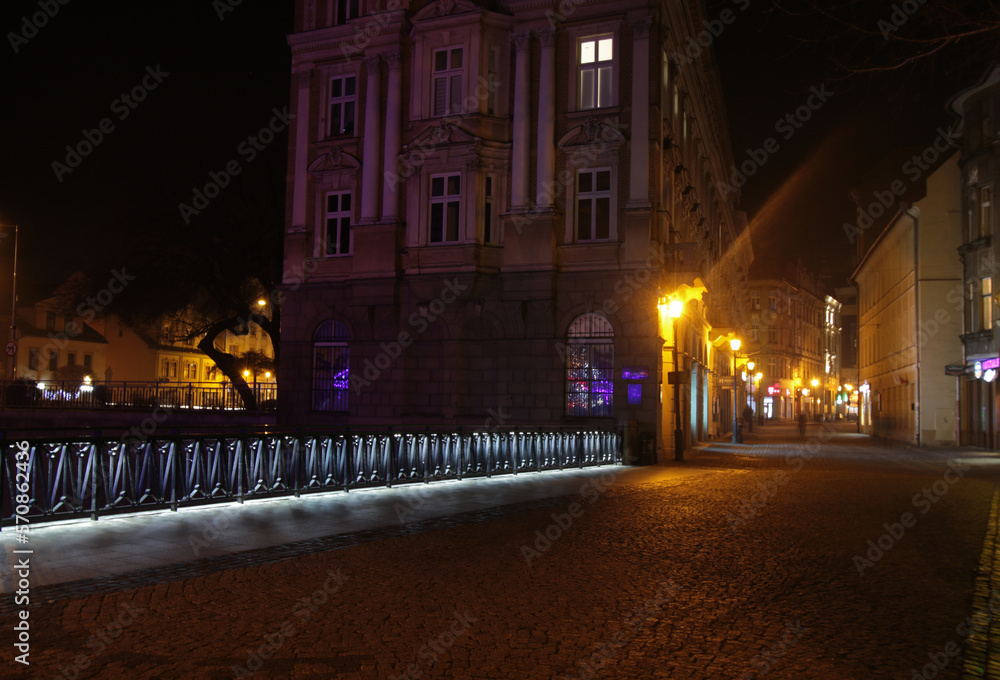 Fototapeta premium Ulica 11 Listopada by night, the city's pedestrian zone in Bielsko-Biala, Poland