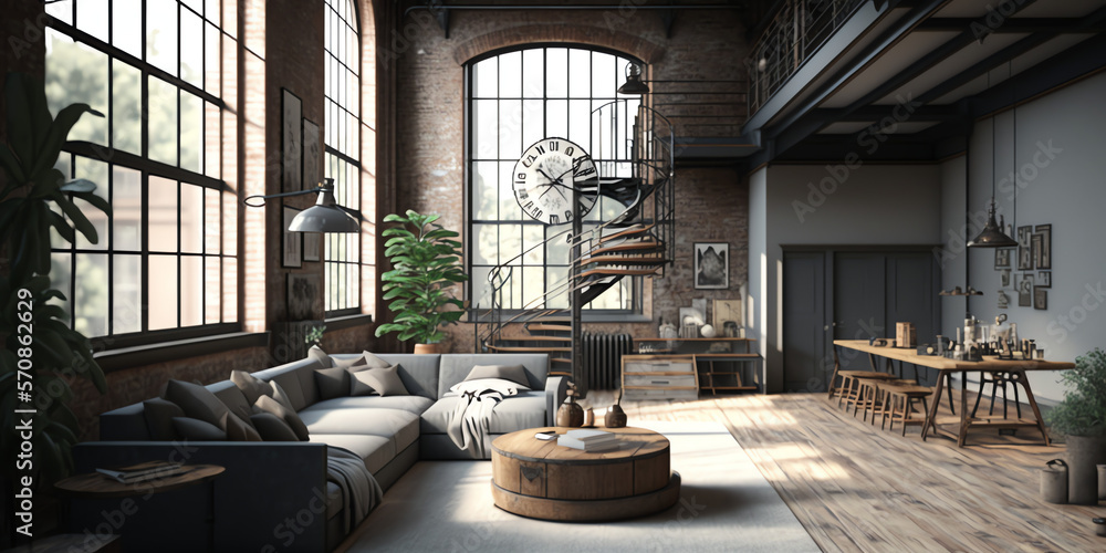 Raw and Refined: An Industrial Style Living Room Loft Render in 3D Generative AI