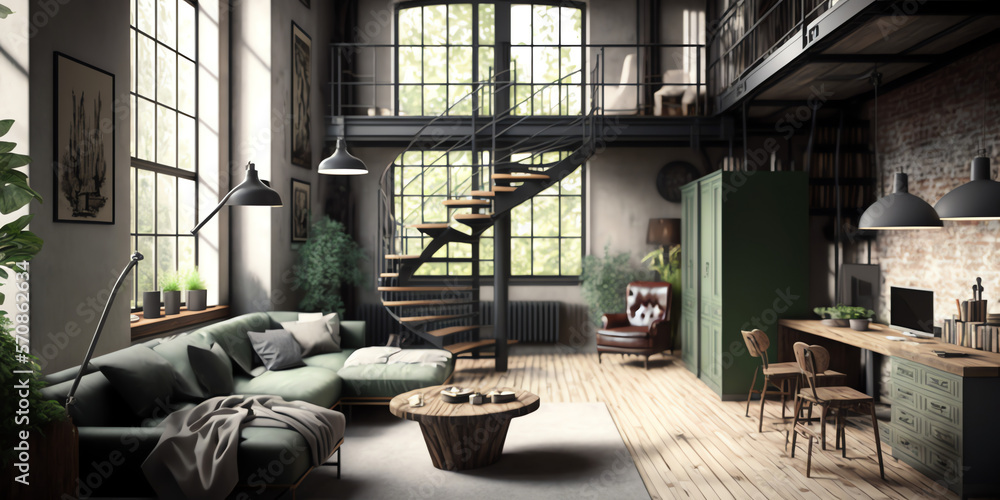 Urban Edge: A 3D Render of a Living Room Loft with Industrial Charm Generative AI Urban Edge: A 3D Render of a Living Room Loft with Industrial Charm Generative AI