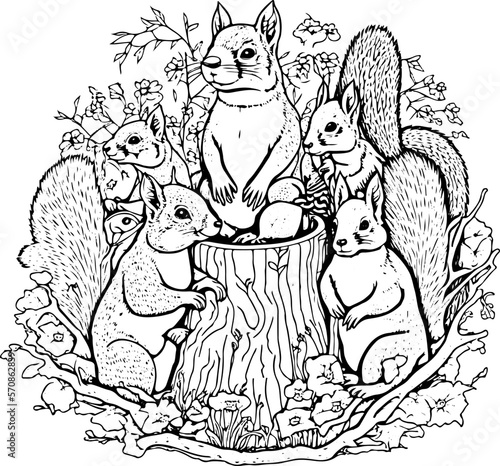 A family of squirrels gathered around a tree. Artwork coloring page.