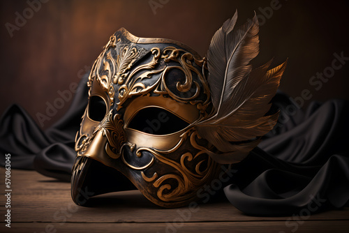 Golden venetian mask on a wooden table made with Generative AI