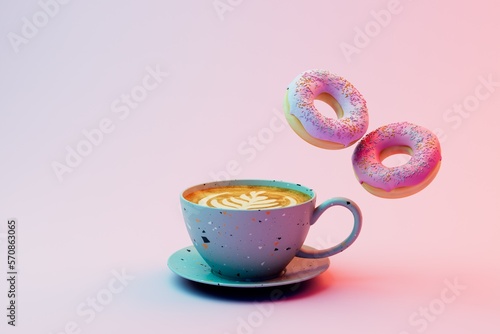Fototapeta Naklejka Na Ścianę i Meble -  love for morning coffee. a cup of coffee and donuts on a pastel background. 3D render