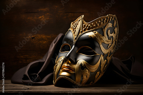 Golden venetian mask on a wooden table made with Generative AI