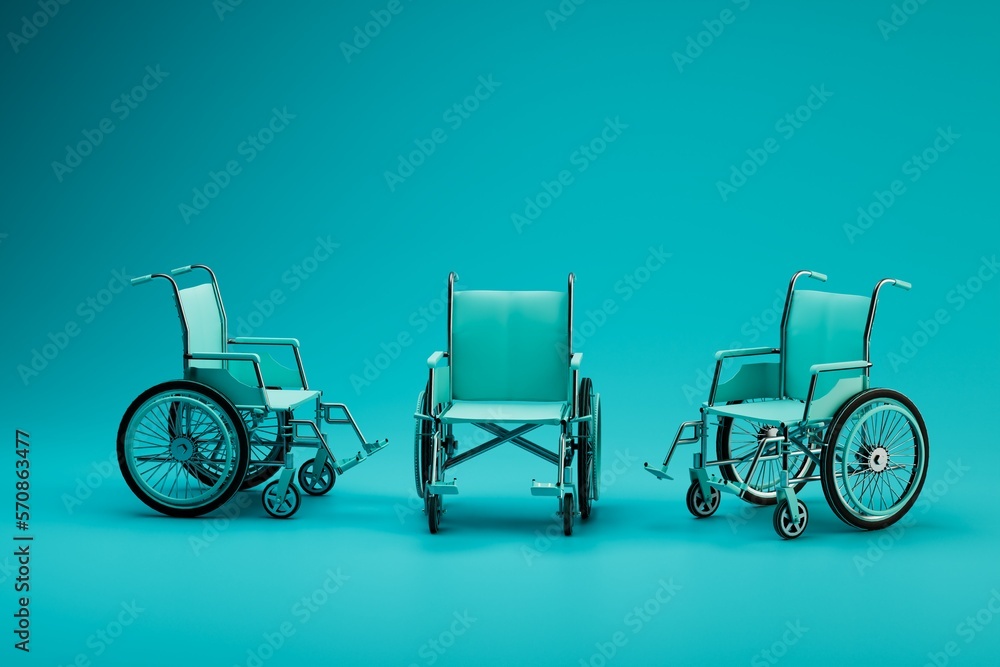 the concept of assistance to persons with disabilities. wheelchairs on a turquoise background. 3D render