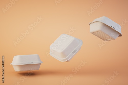 takeaway food. disposable plastic food containers flying across pastel backgrounds. 3D render photo