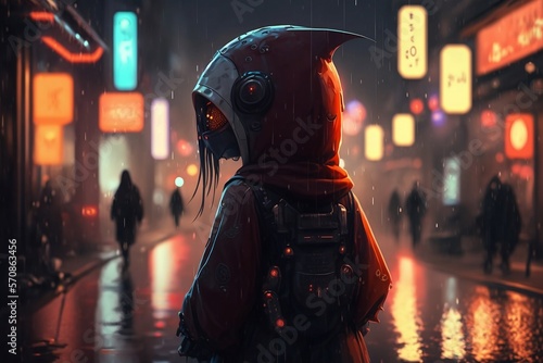 Girl in the middle of a cyberpunk city during the rain
