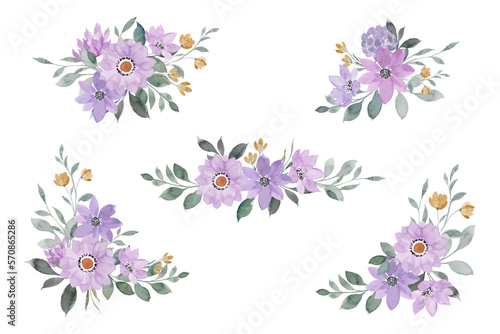 Collection of watercolor purple floral arrangement decoration