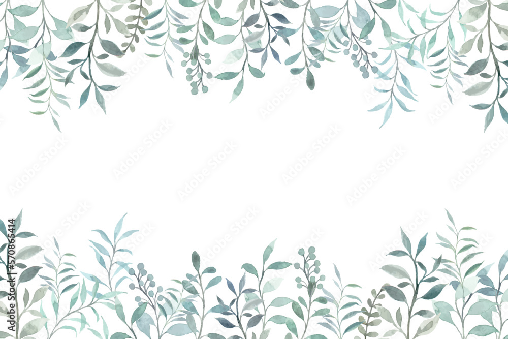 Thank you card with watercolor green leaves border Stock Vector | Adobe