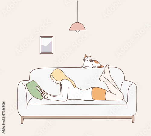 Beautiful girl with digital tablet on sofa indoor. Hand drawn style vector design illustrations.