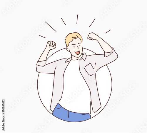 Happy and excited young business man celebrating victory expressing success, power, energy and positive emotions.  Hand drawn style vector design illustrations.