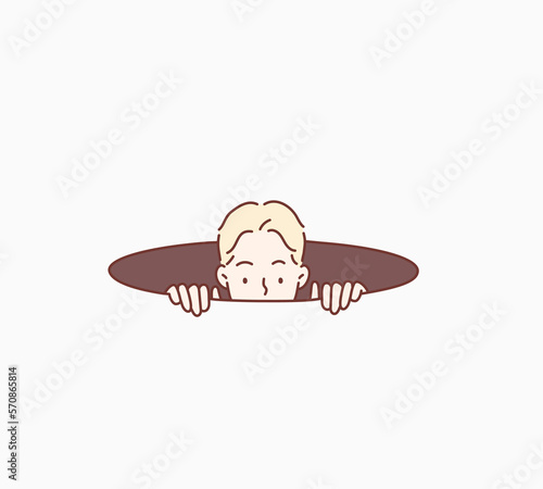 Curious blond man hiding in the hole and prying. Hand drawn style vector design illustrations.