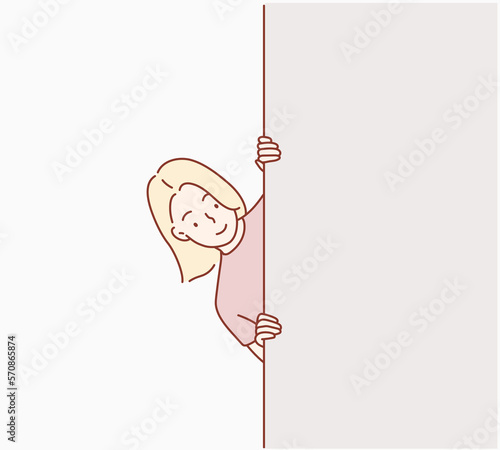 Vector of woman hiding behind wall. Hand drawn style vector design illustrations.