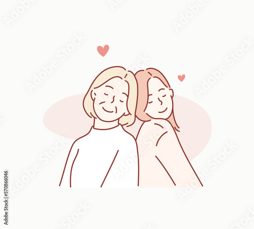 Beautiful senior mom and her adult daughter. Hand drawn style vector design illustrations.