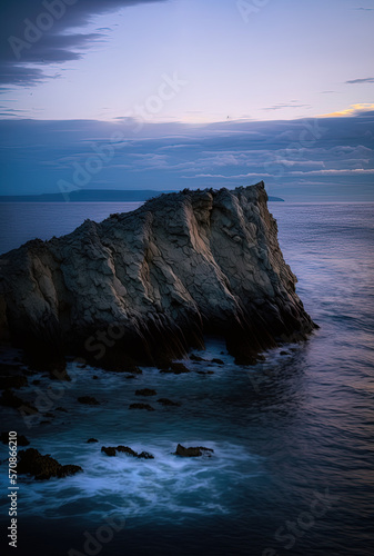 Rock on the ocean, dusk, nature. Generative AI.