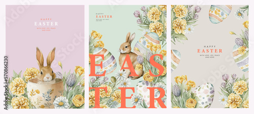 Canvastavla Happy Easter watercolor cards set with cute Easter rabbit, eggs, spring flowers in pastel colors on light green, soft pink and beige background