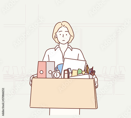 Businesswoman leaving office after being laid off carrying box of belongings. Hand drawn style vector design illustrations.