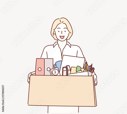 Businesswoman leaving office after being laid off carrying box of belongings. Hand drawn style vector design illustrations.