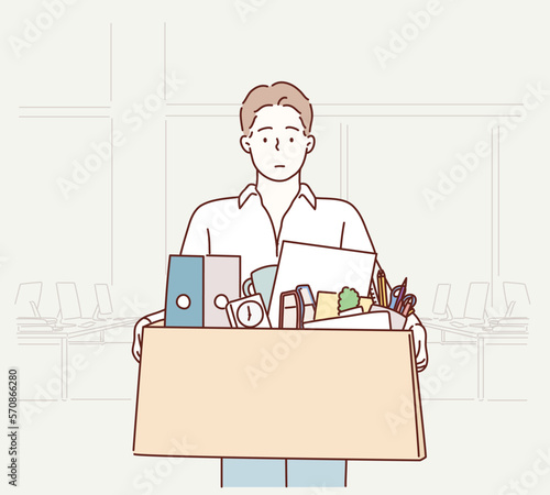 Businessman leaving office after being laid off carrying box of belongings. Hand drawn style vector design illustrations.