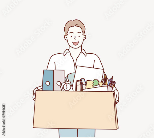 Businessman leaving office after being laid off carrying box of belongings. Hand drawn style vector design illustrations.