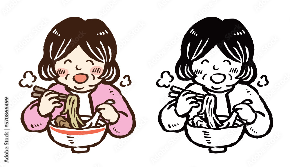 ラーメンを食べる中年~高齢の女性 手描きイラスト 単色線画・カラーのセット ラーメンを食べる中年~高齢の女性 手描きイラスト 単色線画・カラーのセット