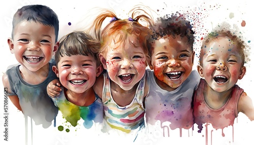 happy kindergarten children boys and girls, happy group of Multiethnic cute kids, world children's day