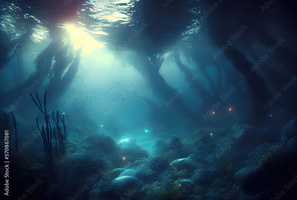 Deep sea and aquatic life with sunshine background. Marine life and undersea concept. Generative AI