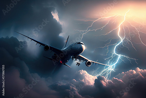 Commercial airplane hit by lightning thunder in bad weather storm background. Transportation and accident concept. Generative AI