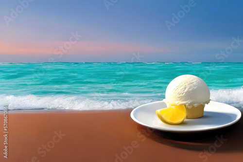 Ice cream scoop and lemon in a plate on the beach. AI generative.