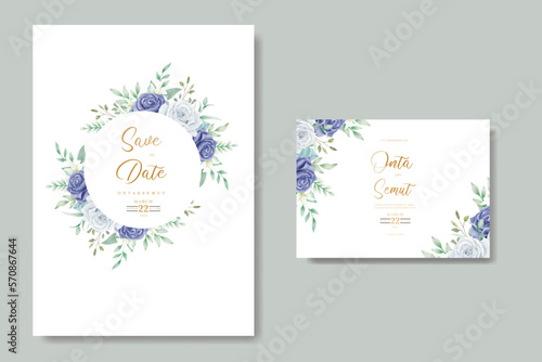 elegant watercolor floral frame wedding stationery with navy blue flower and leaves