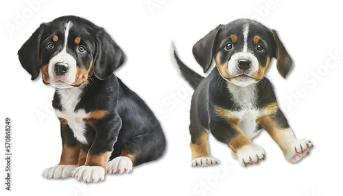 two illustrations of a puppy of the entlebucher mountain dog on a transparent background, Generative AI