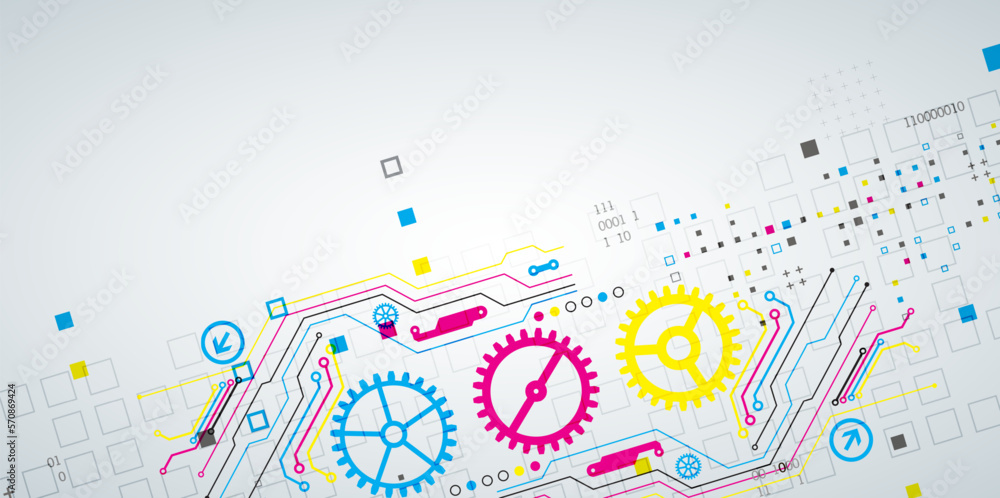 Abstract technological background with various elements. CMYK concept. Vector