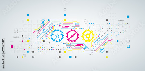 Abstract technological background with various elements. CMYK concept. Vector