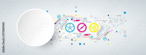 Abstract technological background with various elements. CMYK concept. Vector