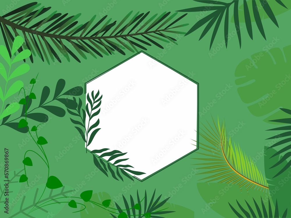 Tropical background with palm leaves and hexagon frame. Vector illustration.