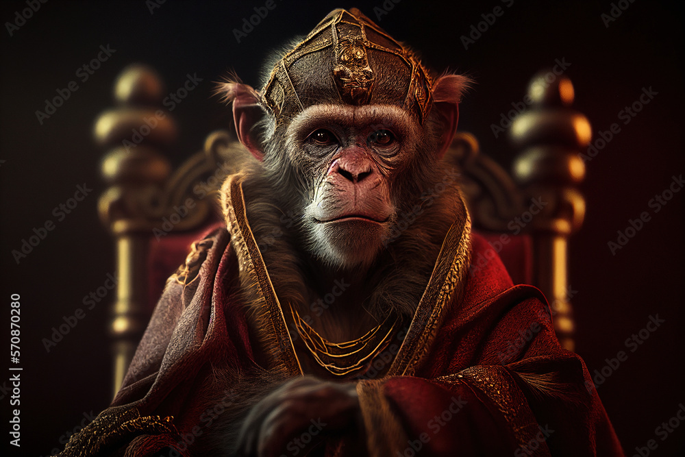 King of a monkey on throne. AI generative illustration