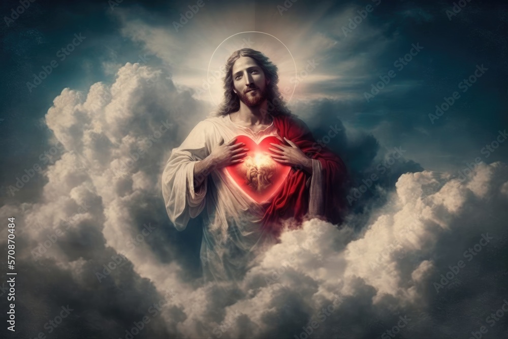 The Loving Image of Jesus Christ Holding a Red Heart in the Sky - obrazy, fototapety, plakaty 