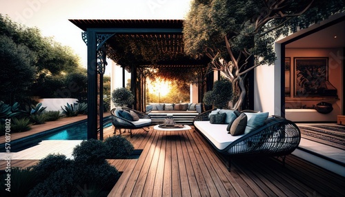 The interior design of a lavish side outside garden, with a teak hardwood deck and a black pergola, Scene with couches and lounge chairs by the pool. Generative AI.