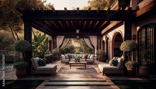 The interior design of a lavish side outside garden  with a teak hardwood deck and a black pergola  Scene with couches and lounge chairs by the pool. Generative AI.