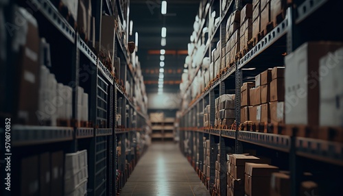 A sizeable clean warehouse with shelves and cardboard boxes. Generative AI. © GustavsMD
