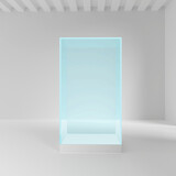 Empty glass showcase in cube shape for presentation on white
