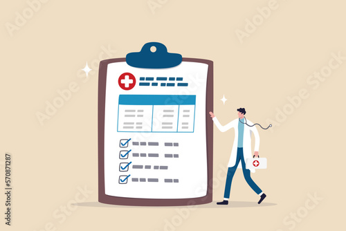 Medical clipboard, prescription or insurance document, health check or doctor diagnosis record, medicine or medicare checklist concept, doctor with stethoscope holding medical clipboard prescription.