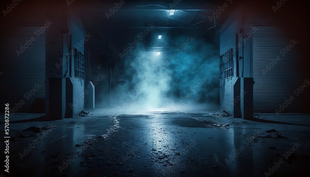  A dark empty building, dark blue background, empty dark scene, neon light, spotlights. Room with smoke float up the interior texture. Night view. illustration