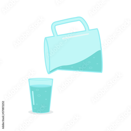 Drinking water is poured into a glass. Vector flat illustration on a white background. Design of advertising, banner, poster. Blue color.