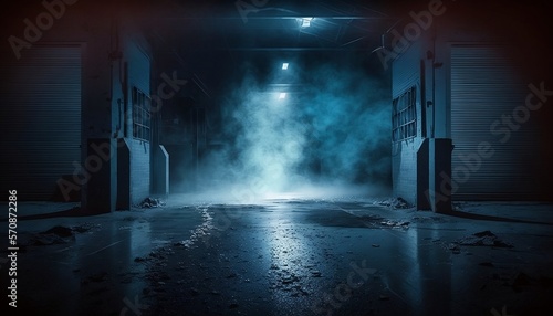  A dark empty building, dark blue background, empty dark scene, neon light, spotlights. Room with smoke float up the interior texture. Night view. illustration