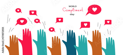 People exchange positive emotions and messages, compliment day, celebrating Valentine's day poster modern flat vector illustration