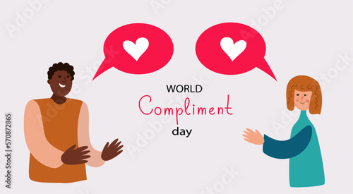 People exchange positive emotions and messages, compliment day, celebrating Valentine's day poster modern flat vector illustration
